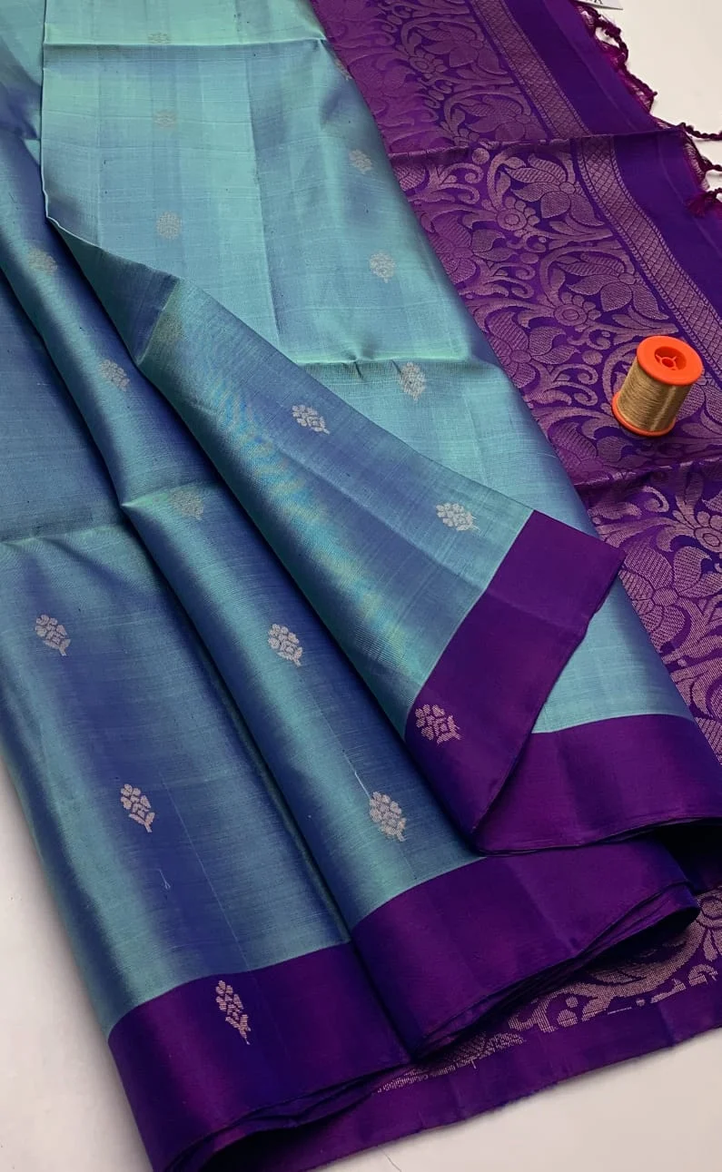 Teal Blue Dual Tone Butta Kanchi Handloom Soft Silk Saree